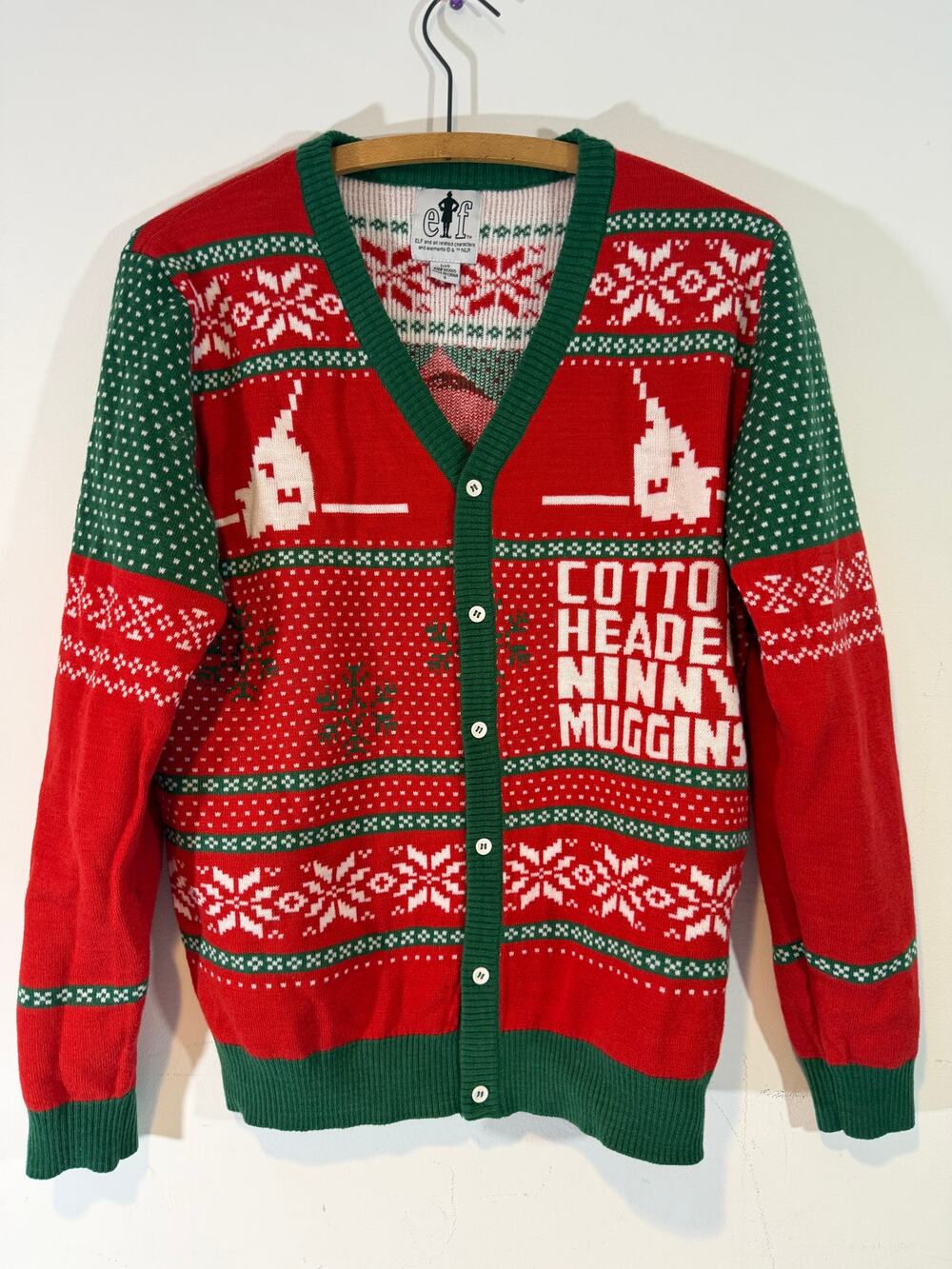 Buddy the Elf Men's Ugly Cardigan Sweater Button up Red Green Ugly Christmas S